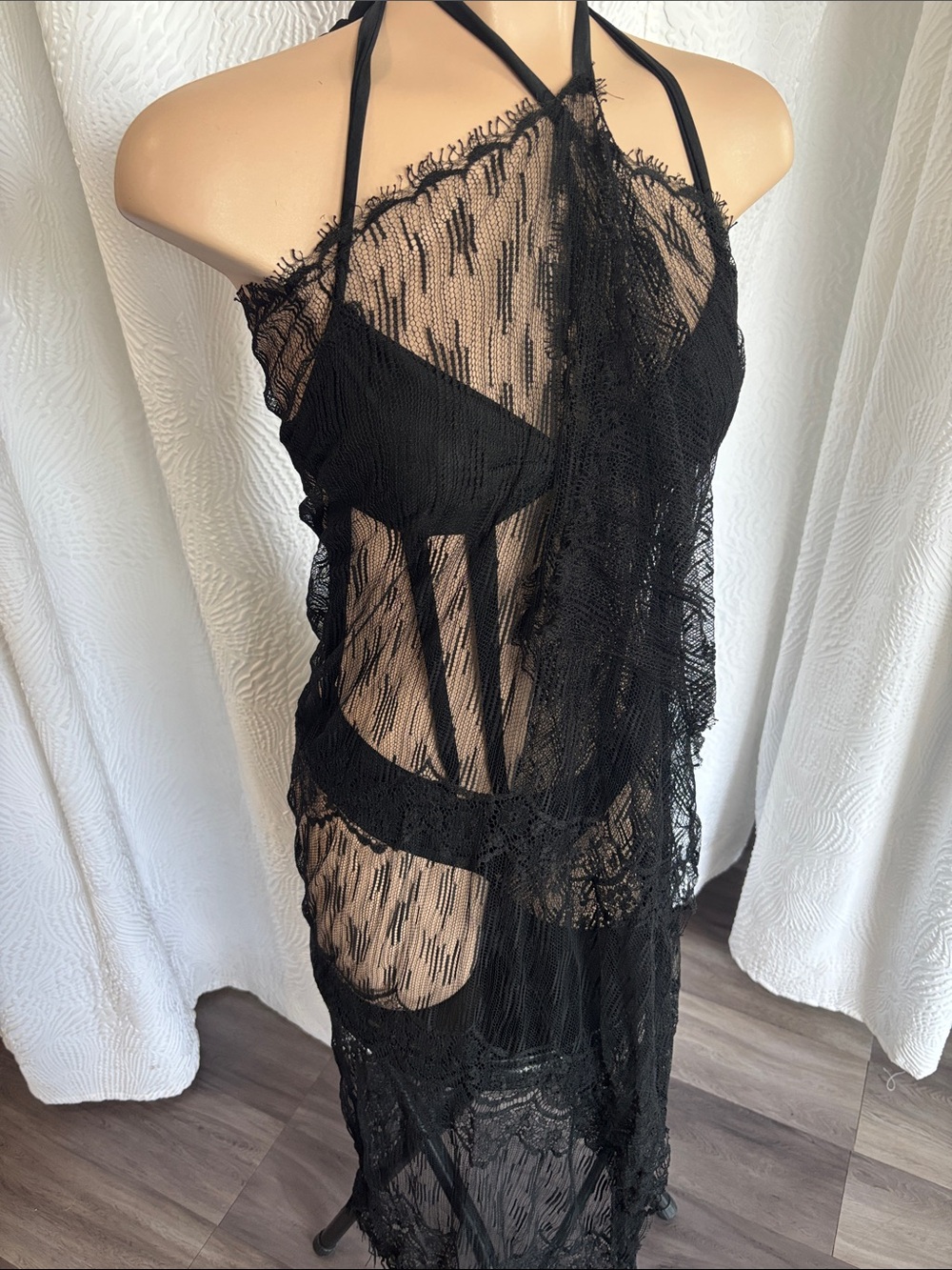 Black Sheer Lace Halter Cover-Up Dress - Women Accessories